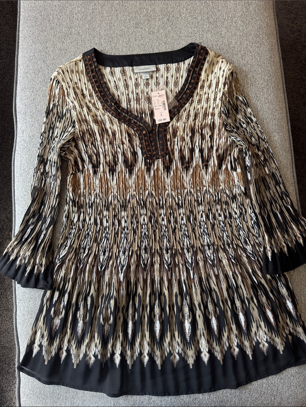 Dressbarn Cream and Brown Blouse with Black Beaded Trim